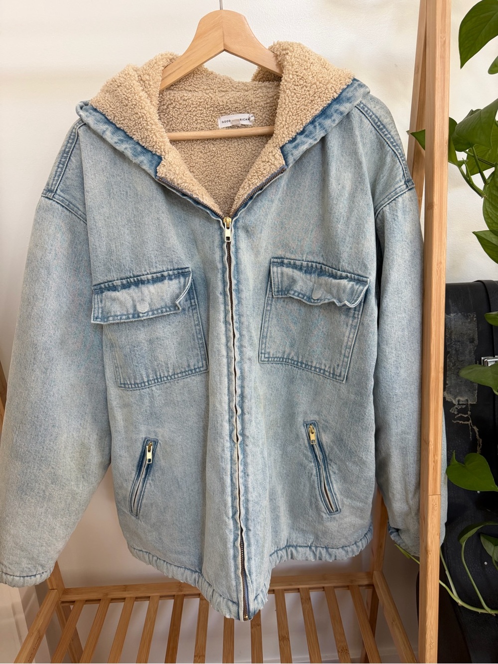 Good American oversized Light Wash Denim Sherpa Jacket with Cream Lining